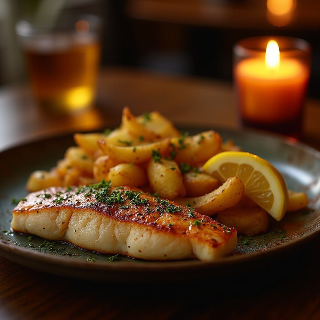 Fish Steak and Potatoes in Restaurant: Professional Photo