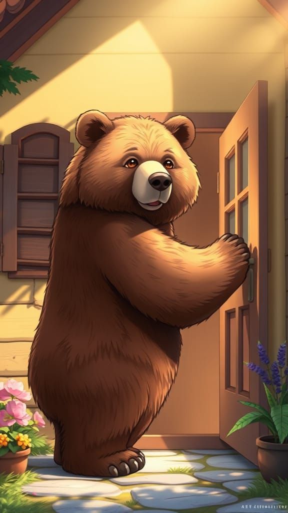 Brown Bear Knocks on Cozy House Door in Anime Style