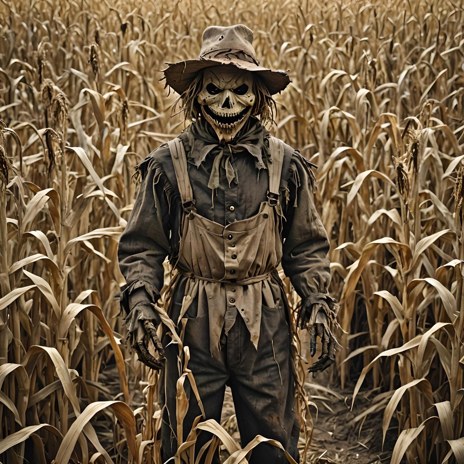 Unsettling Scarecrow with Menacing Grin in Cornfield