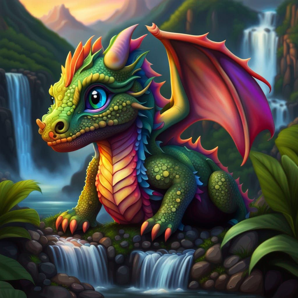 Cute Baby Dragon in Lush Jungle Sunset