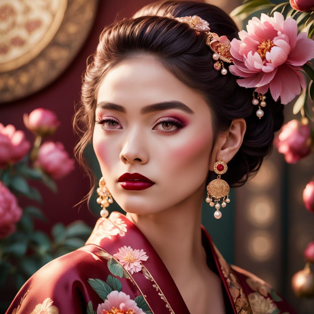 Indonesian Woman in Kimono with Peonies, Oil Painting