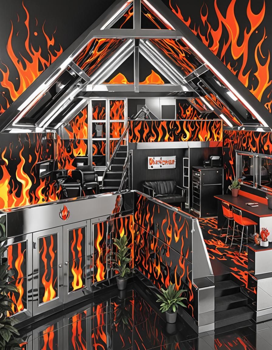 Vibrant Neon Flames and Chrome Paneling