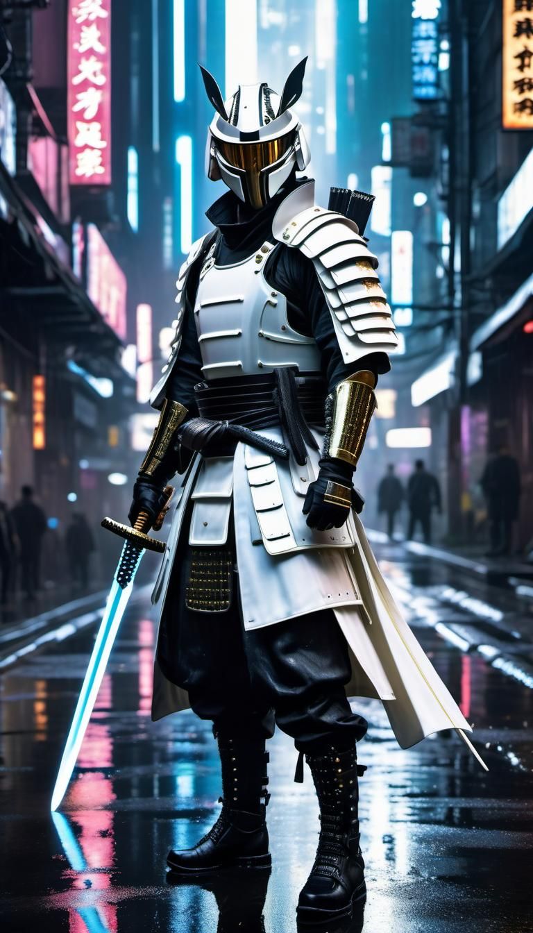 Cyberpunk Samurai Warrior on Rainy City Street