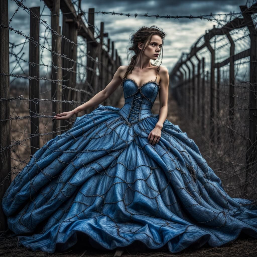 Woman in Blue Barbed Wire Ballgown: Hyperrealistic Fantasy