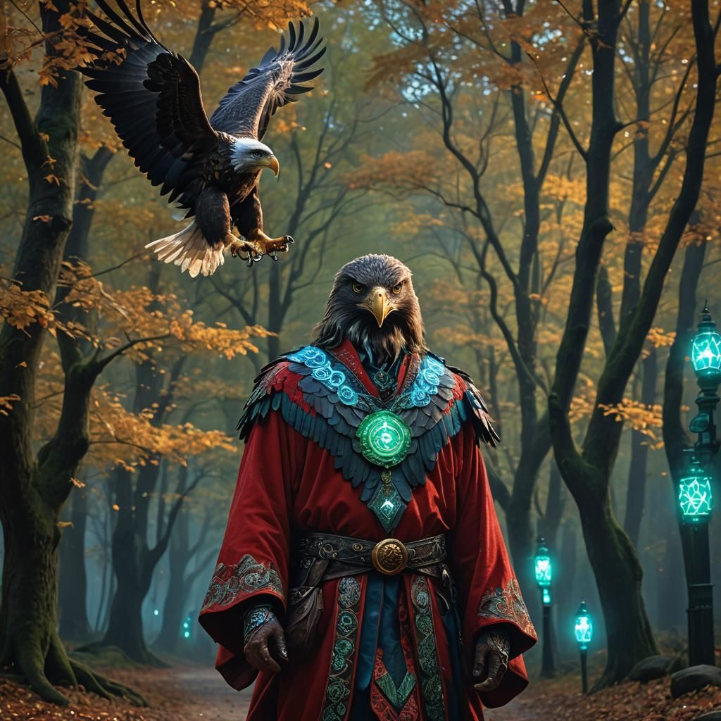 Eagle-Human Hybrid in Magical Autumn Forest