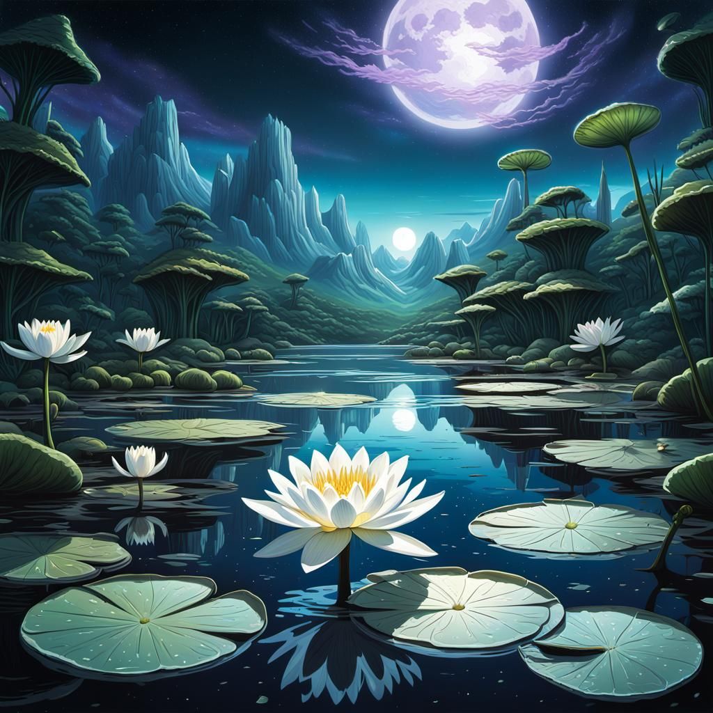 Glowing White Water Lily on Magical Pond