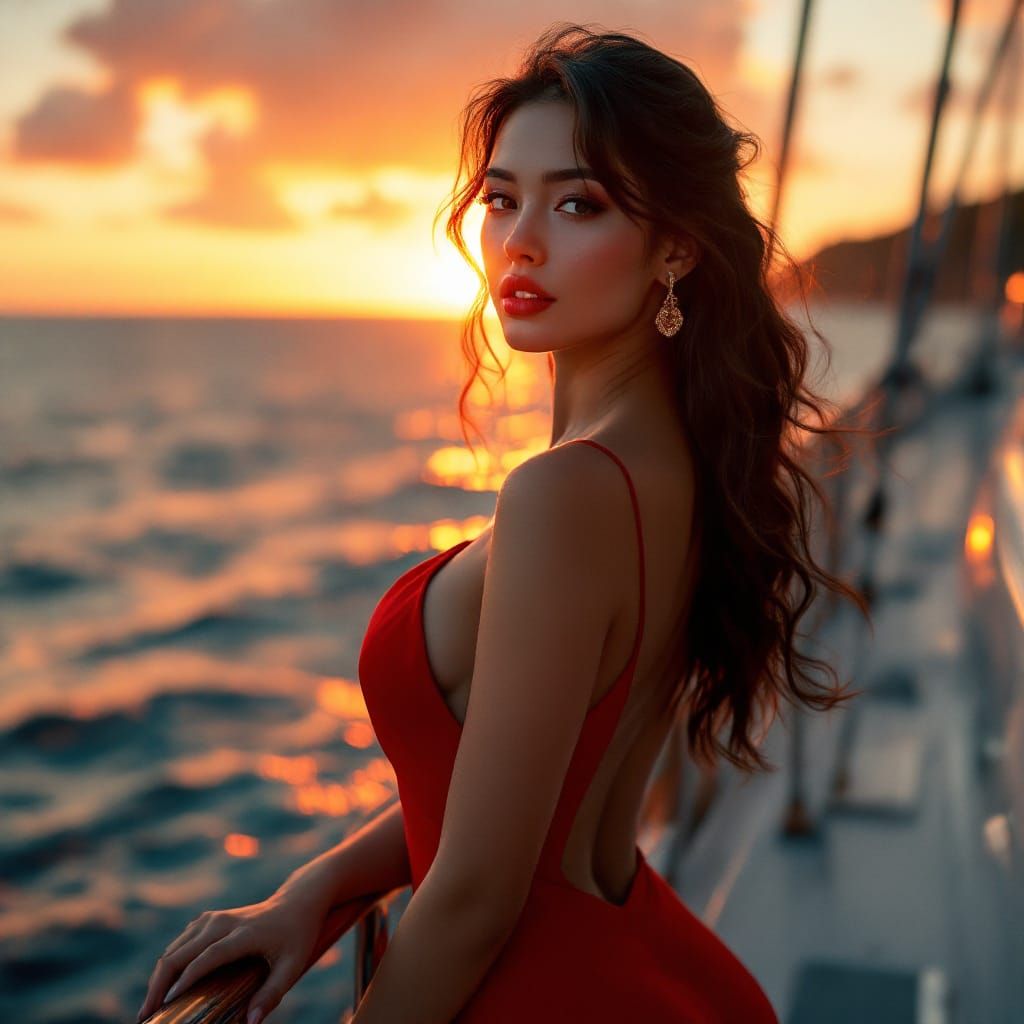 Elegant Woman Posing on Yacht Deck at Golden Hour