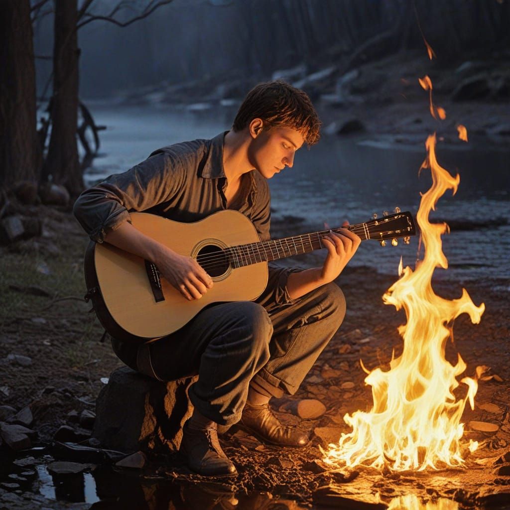 Water Man Stepping into Flames, a Melancholic Scene in Vibra...