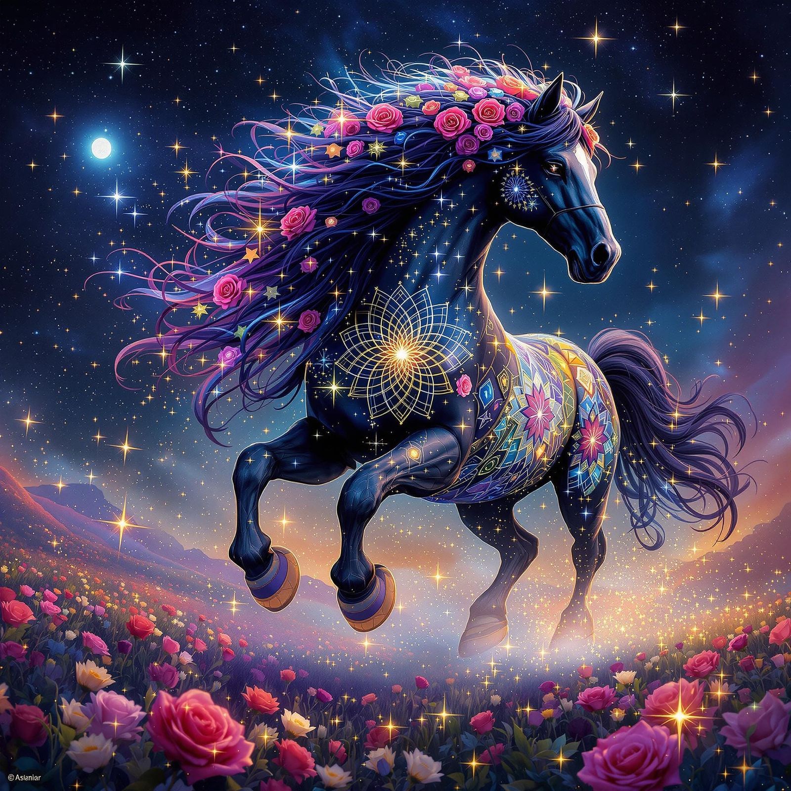 Friesian Horse with Rose Mane in Starry Field