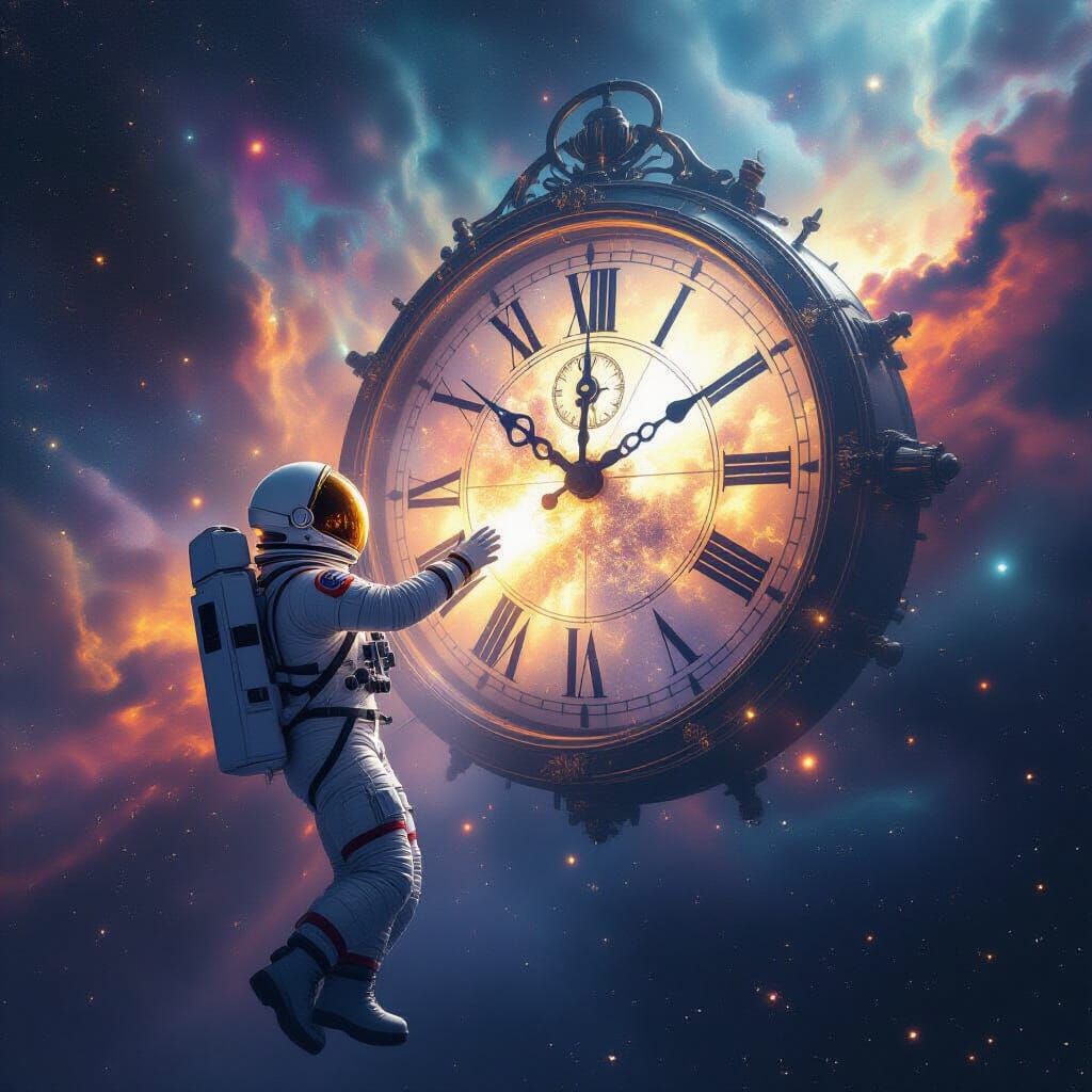 Astronaut Touching a Cosmic Clock, Hyperrealistic Film Still
