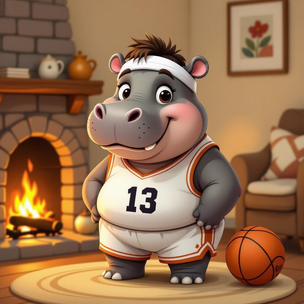 Horace the Hippo as a Basketball Player in Hygge Style