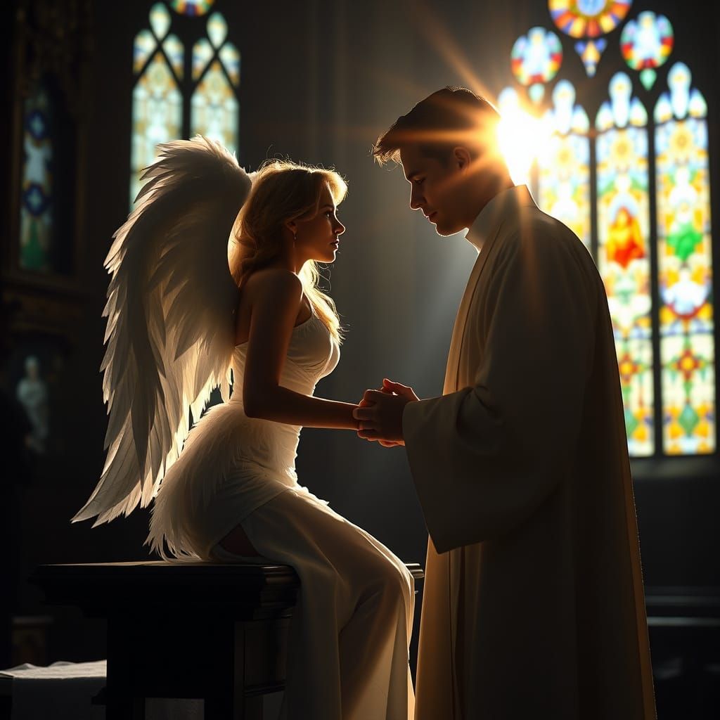 Seductive Angel Sways Priest in Dark Church Sanctuary