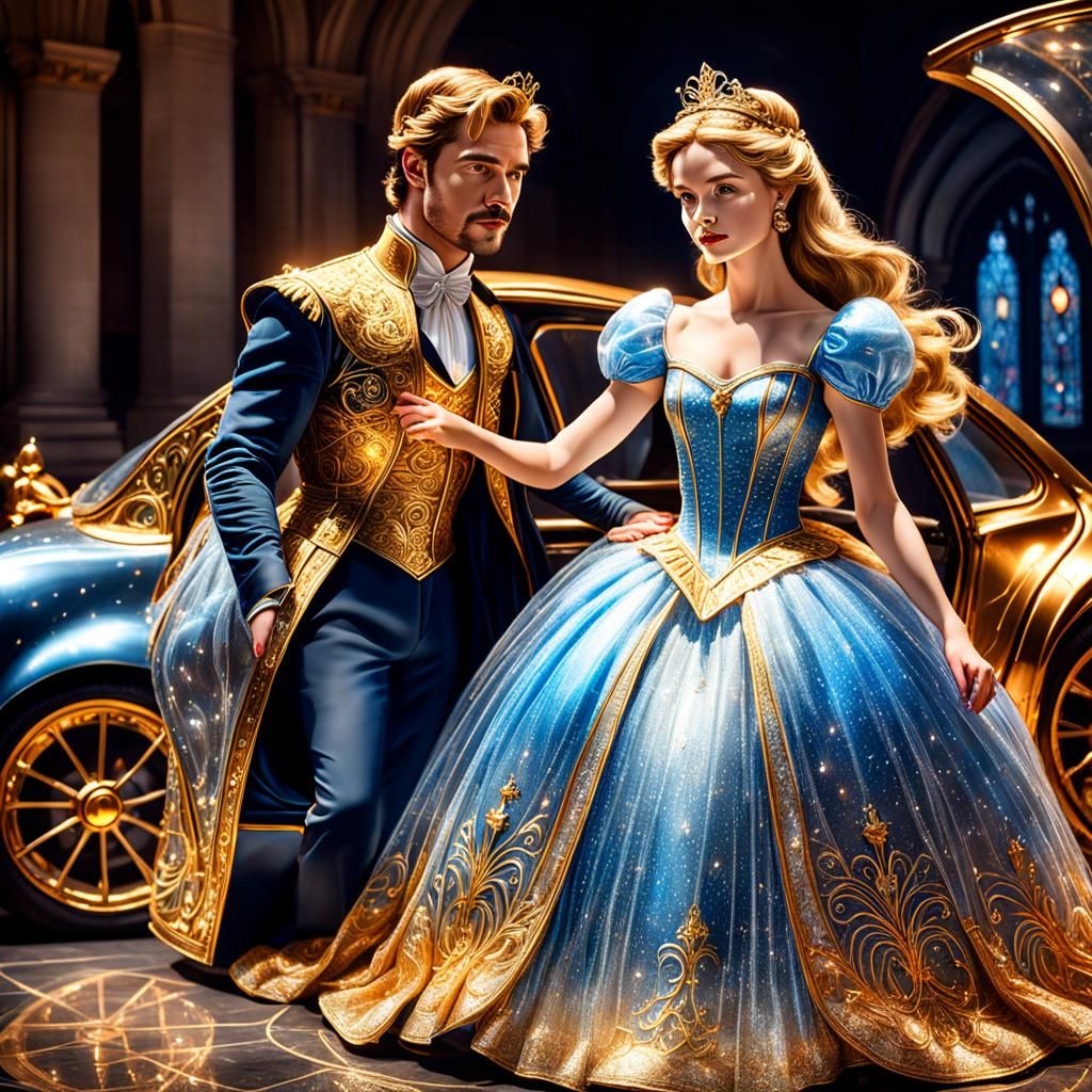 Hyperrealistic Cinderella in Glass Dress with Golden Tesla