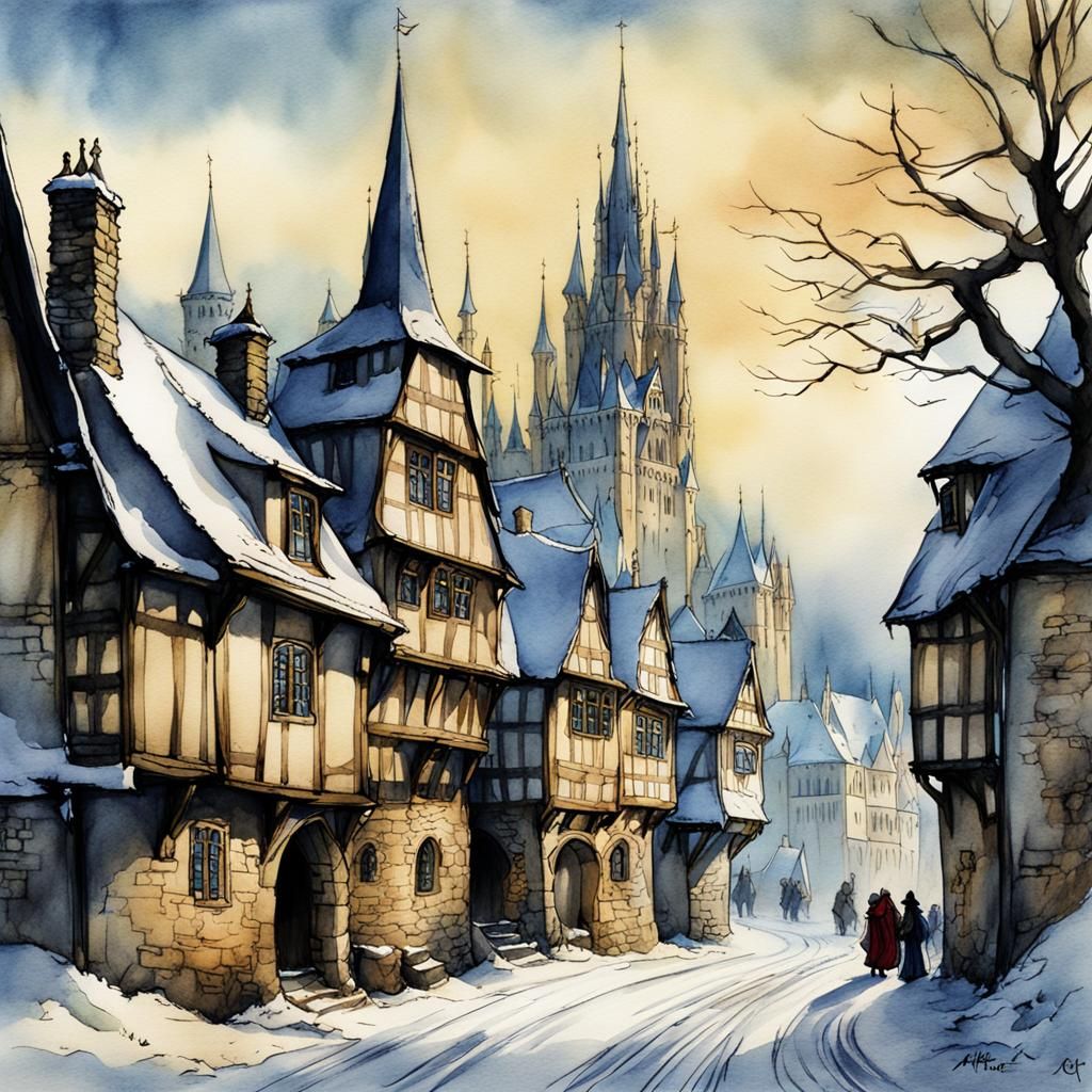 Fairytale Winter City in Watercolor Style