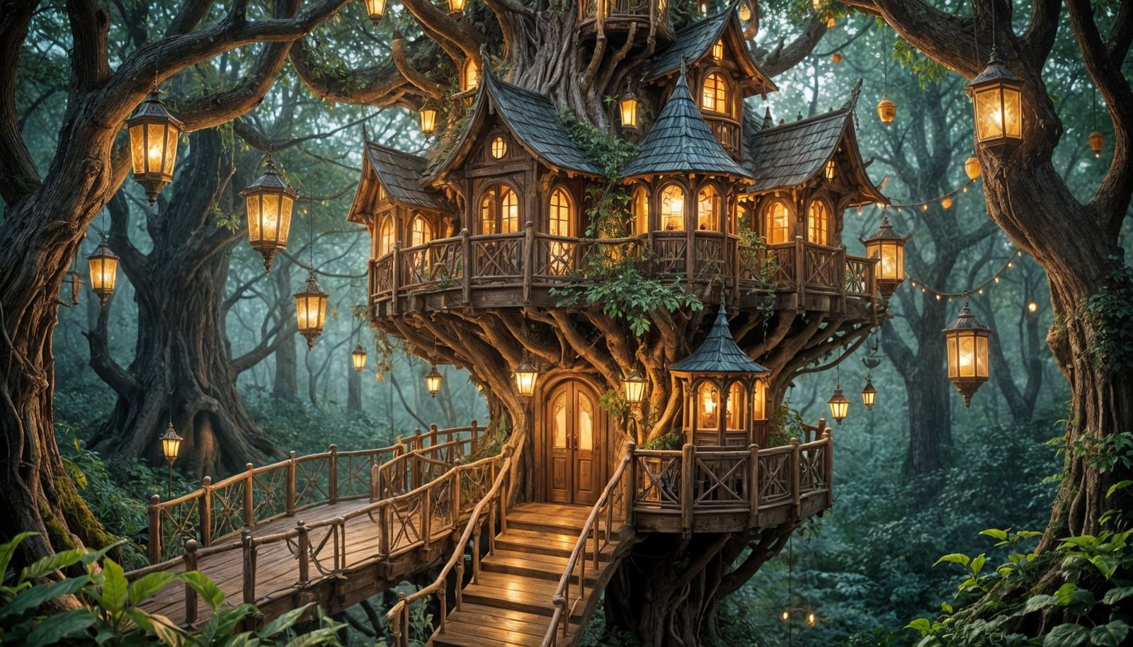 Elaborate Elven Treehouse at Night with Lanterns