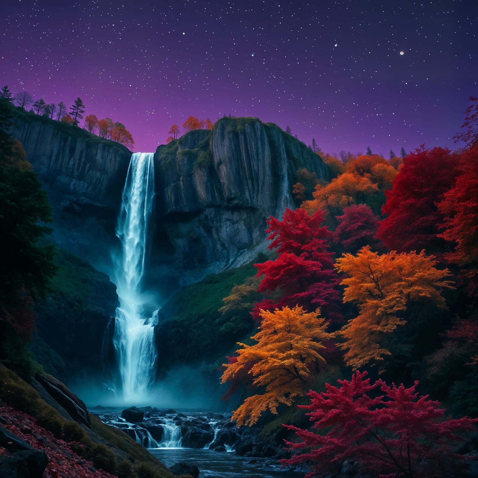 Synthwave Autumn Waterfall Under Starry Night Sky