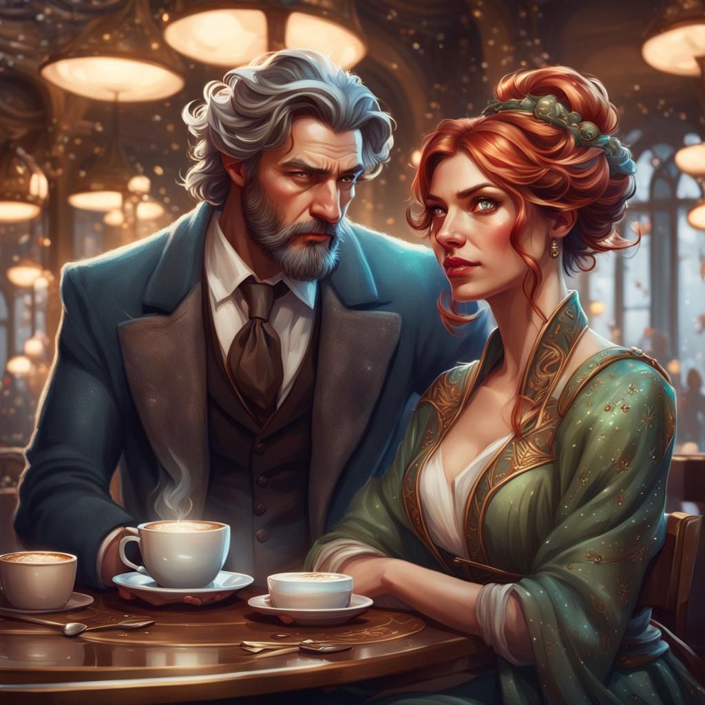 Christmas Coffee Date Portrait in Detailed Art Style