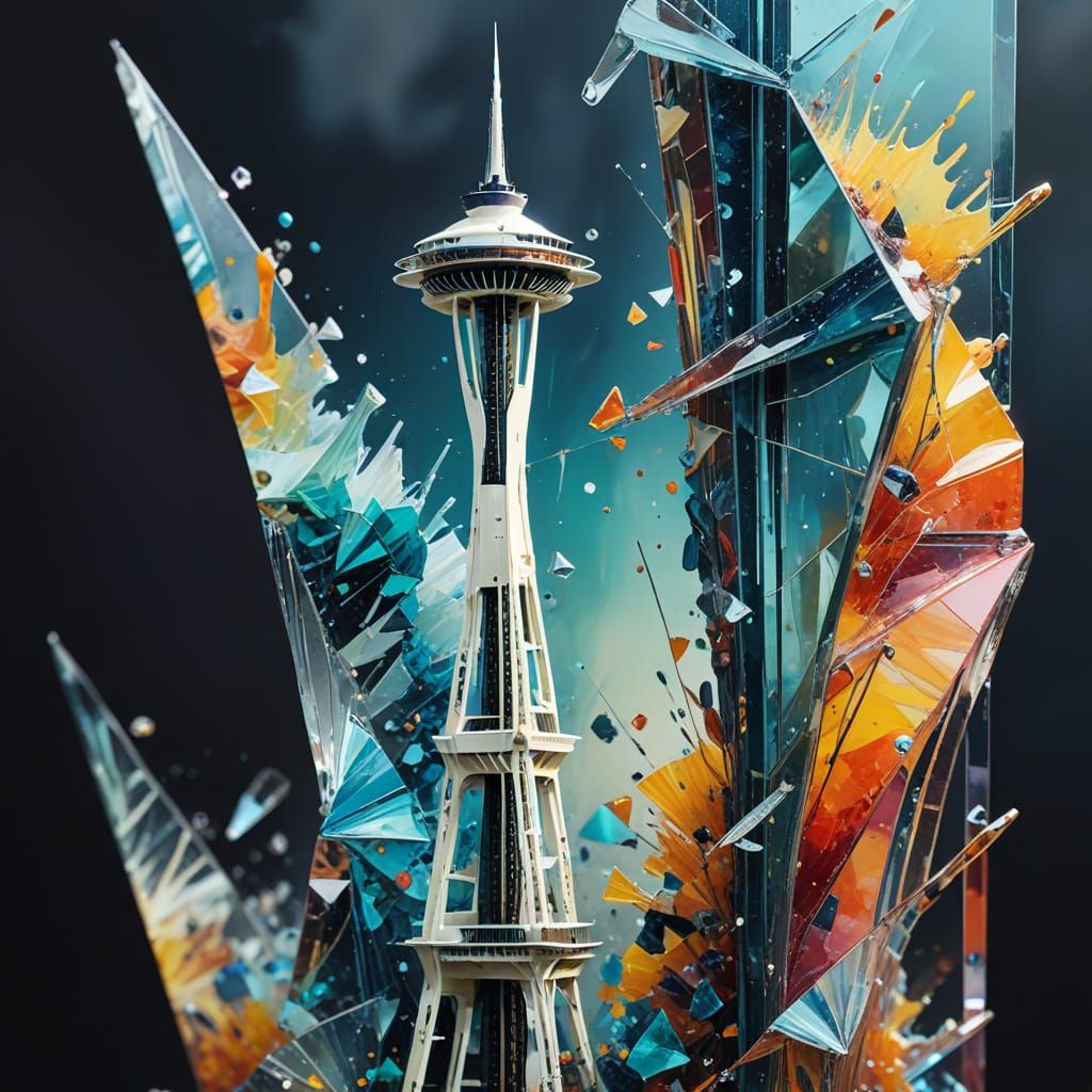 Glass Space Needle Sculpture Fracturing in Abstract Expressi...