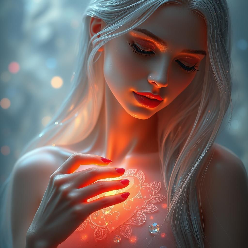 Translucent Glass Woman Mourns in Futuristic Art Nouveau