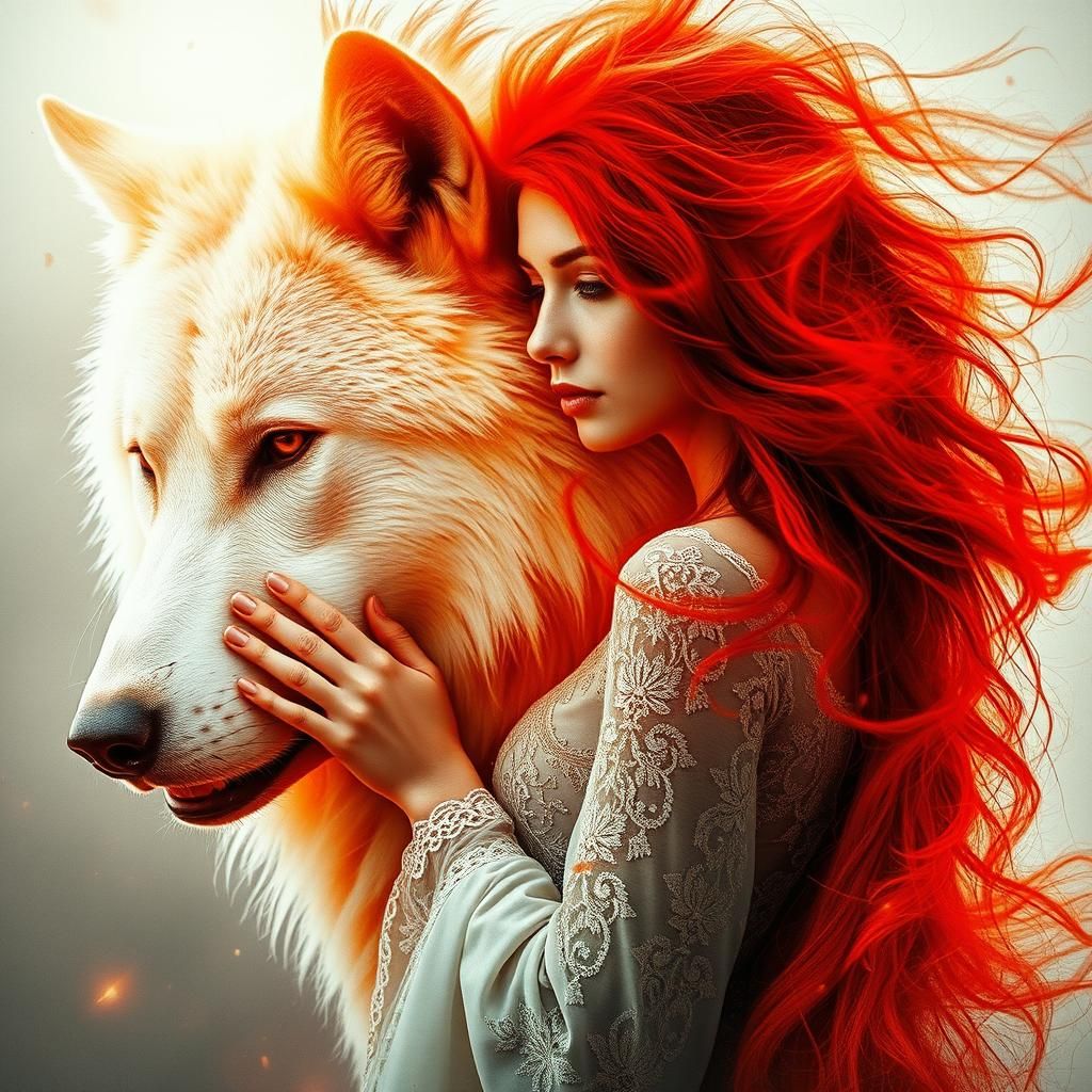 Ethereal Woman with Wolf in Crimson Haze