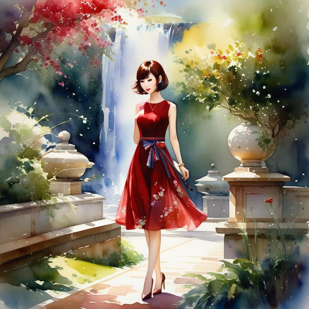 Watercolor Painting of a Pretty Asian Girl