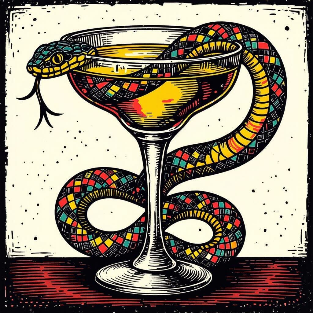 Margarita Glass and Snake in Linocut Style