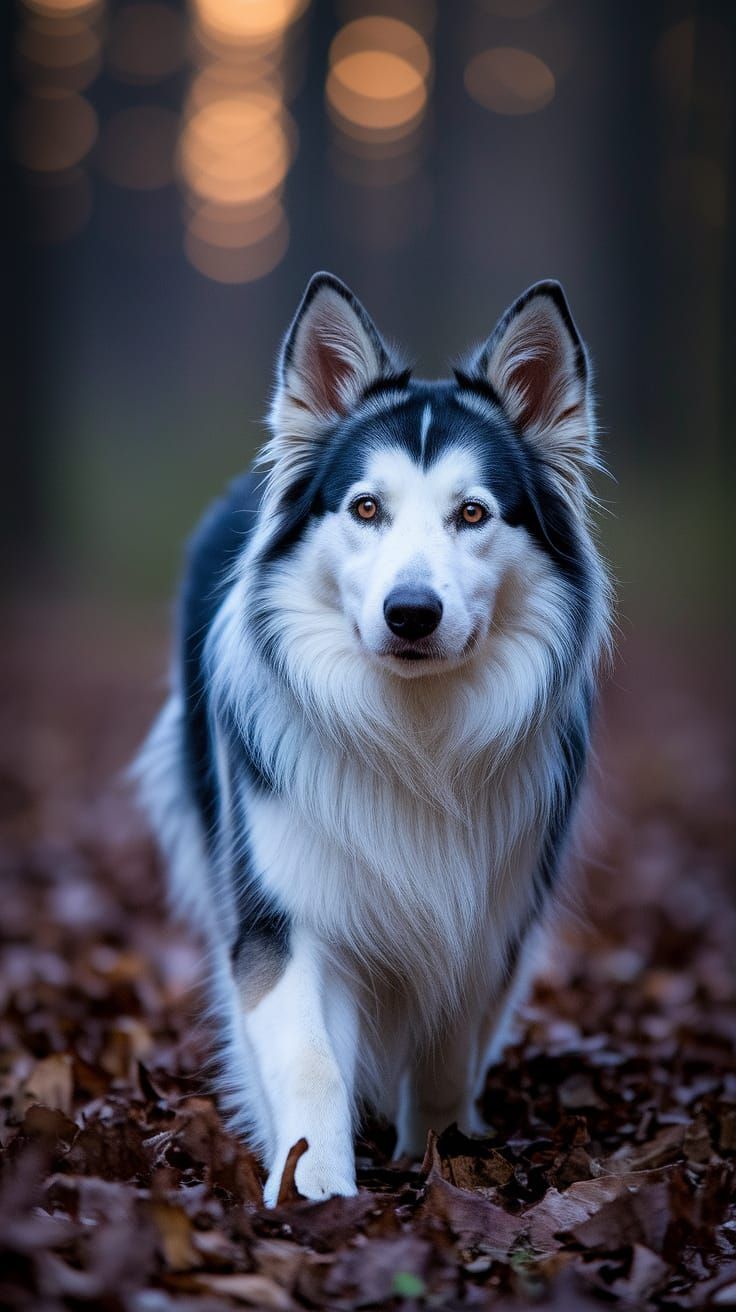 Friendly Hybrid Dog Portrait in Dusk Forest