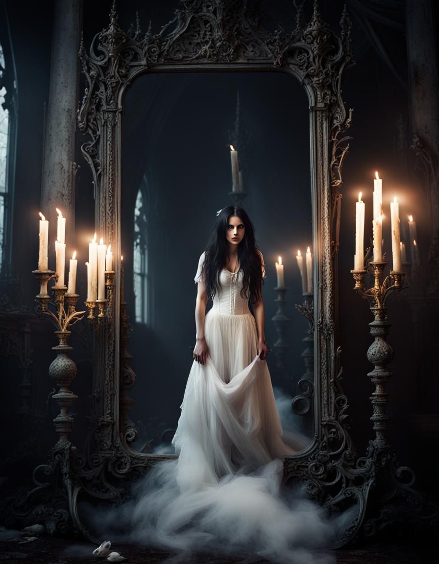 Gothic Bride Emerges from Mirror in Dark Fantasy