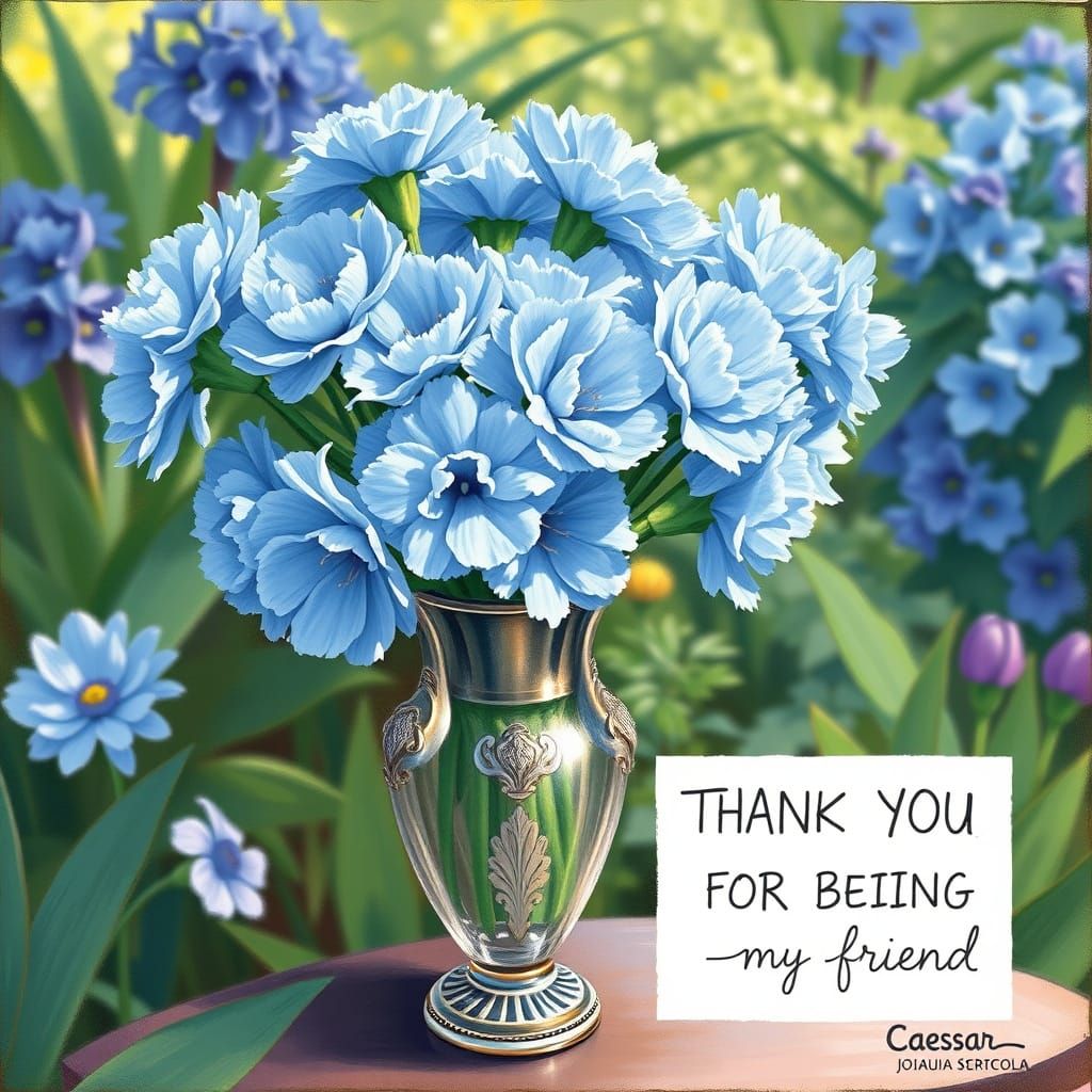 Blue Carnations in Antique Vase: Impressionist Garden Scene