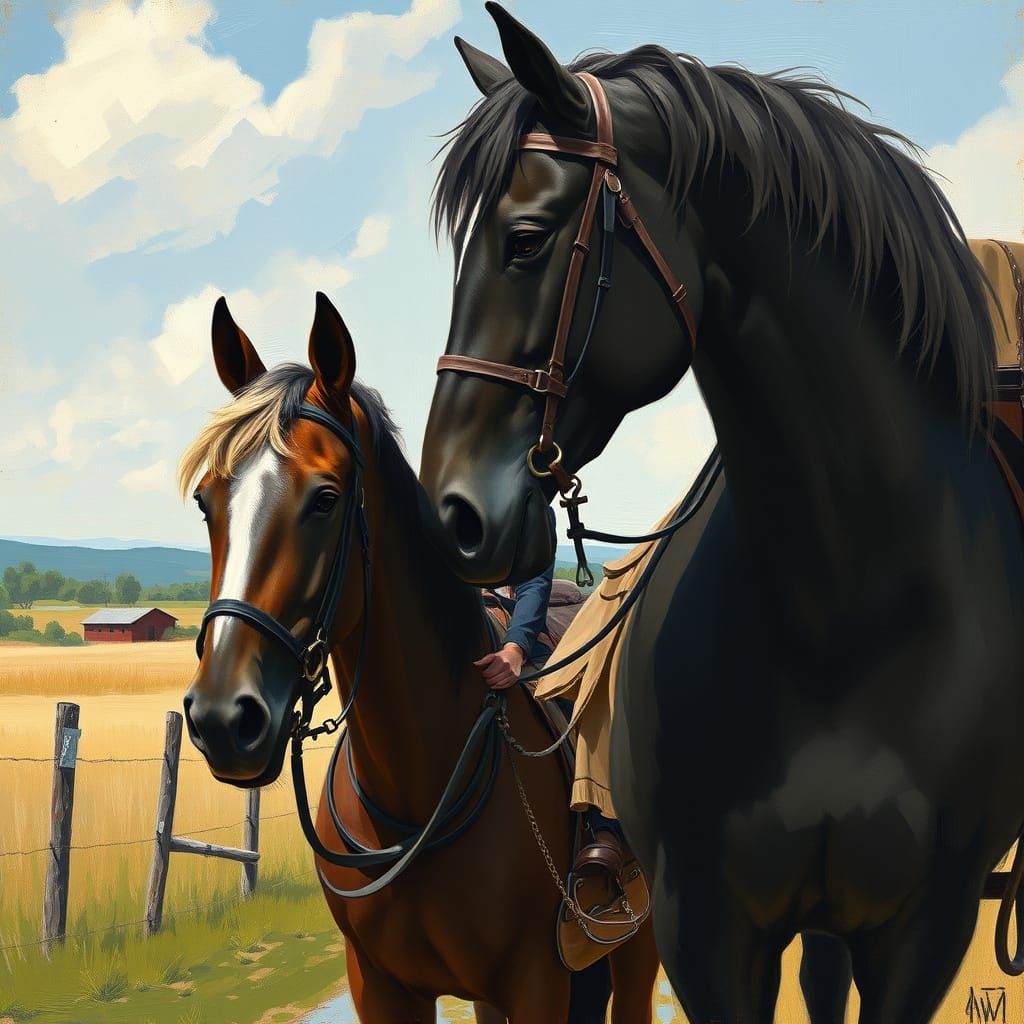 Slim small blonde horsewoman holding a giant black cart hors...