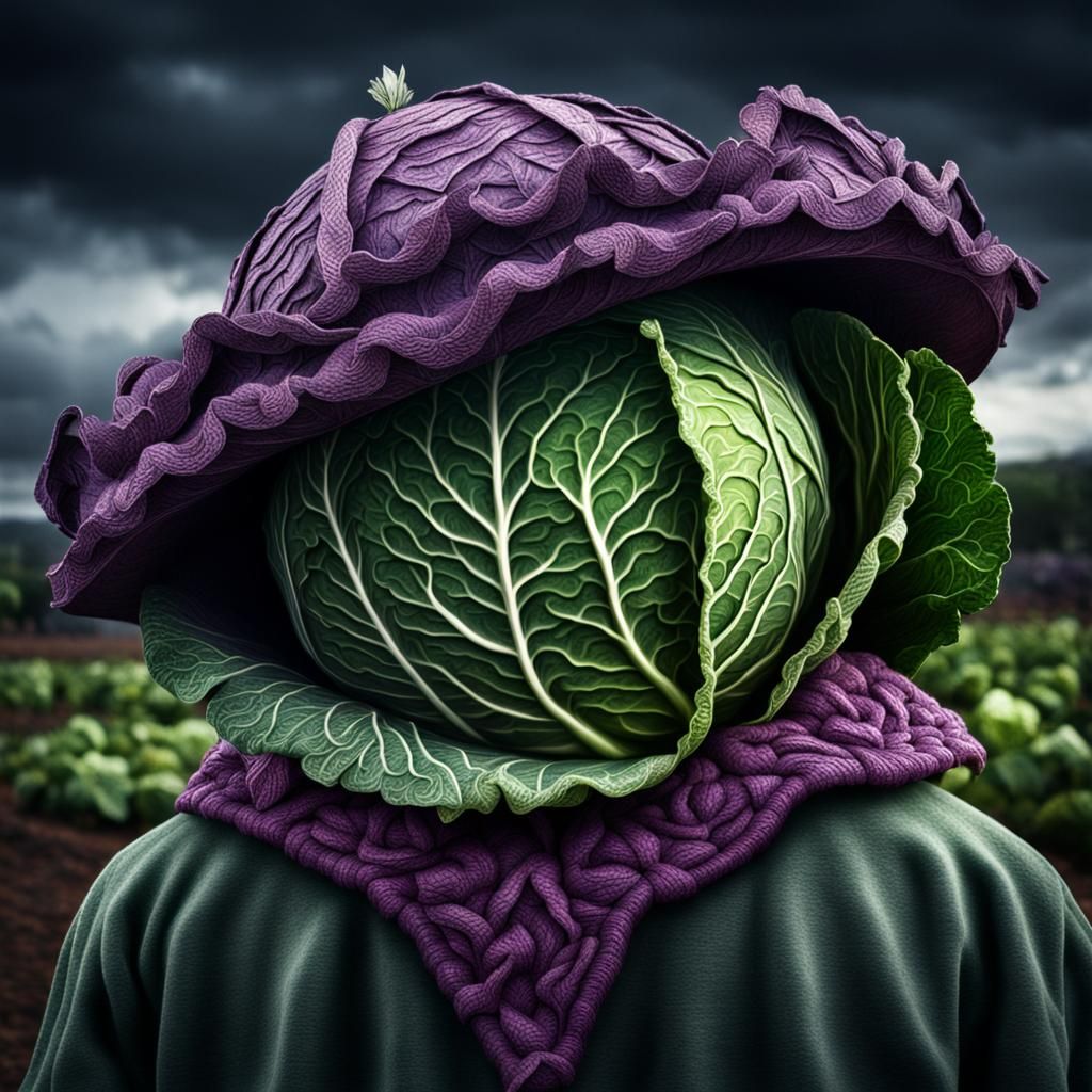 Person in Cabbage Hat, Hyperrealistic Image