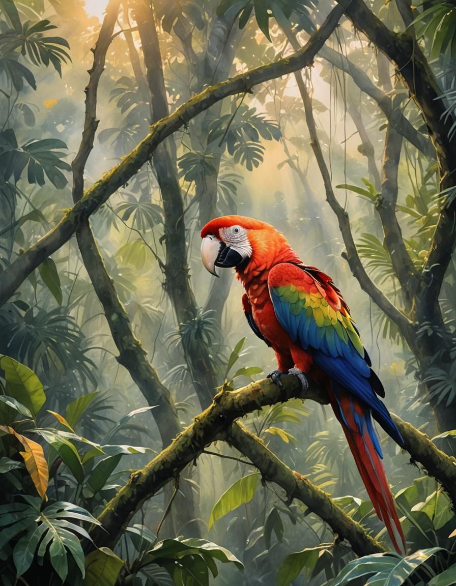 Scarlet Macaw in Rainforest, Watercolor Painting