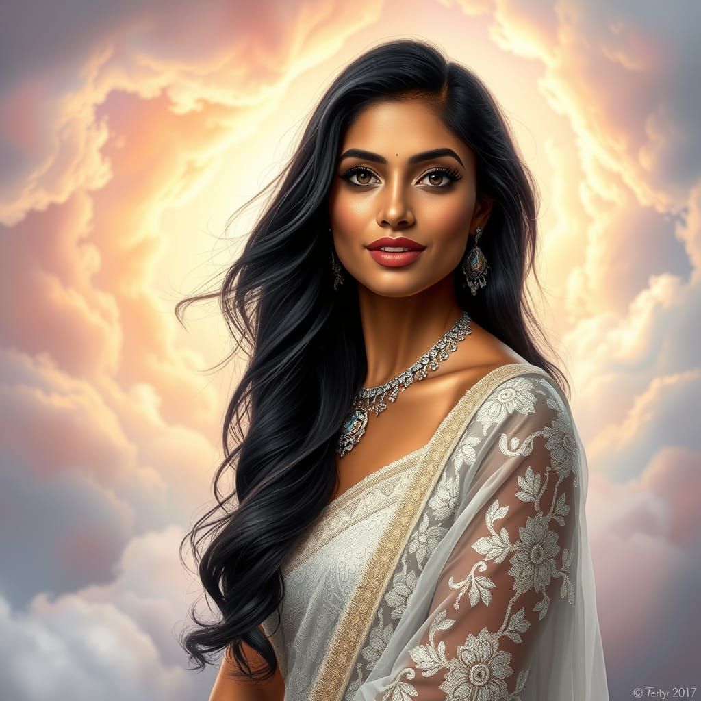 Hyper-Realistic Indian Goddess in Whimsical Cloudscape