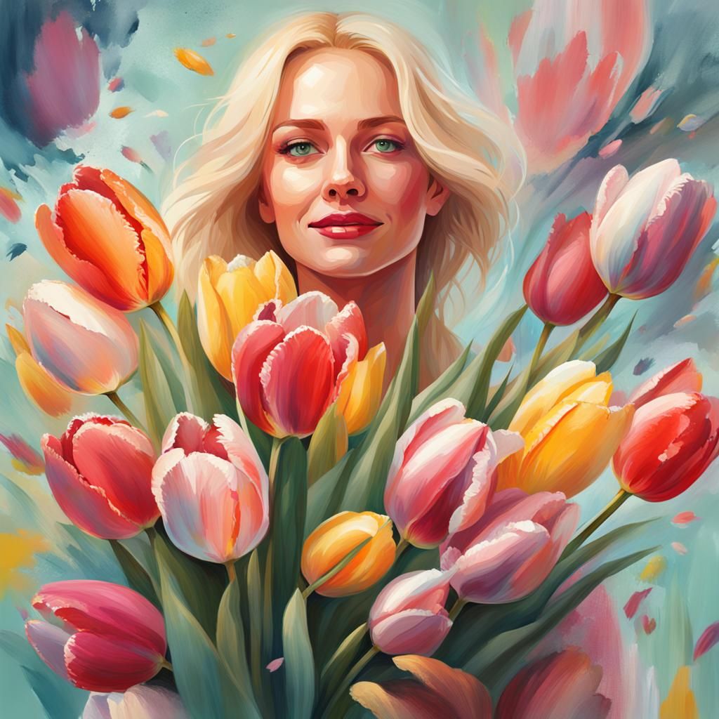 Abstract Pastel Painting: Woman with Tulips for Spring
