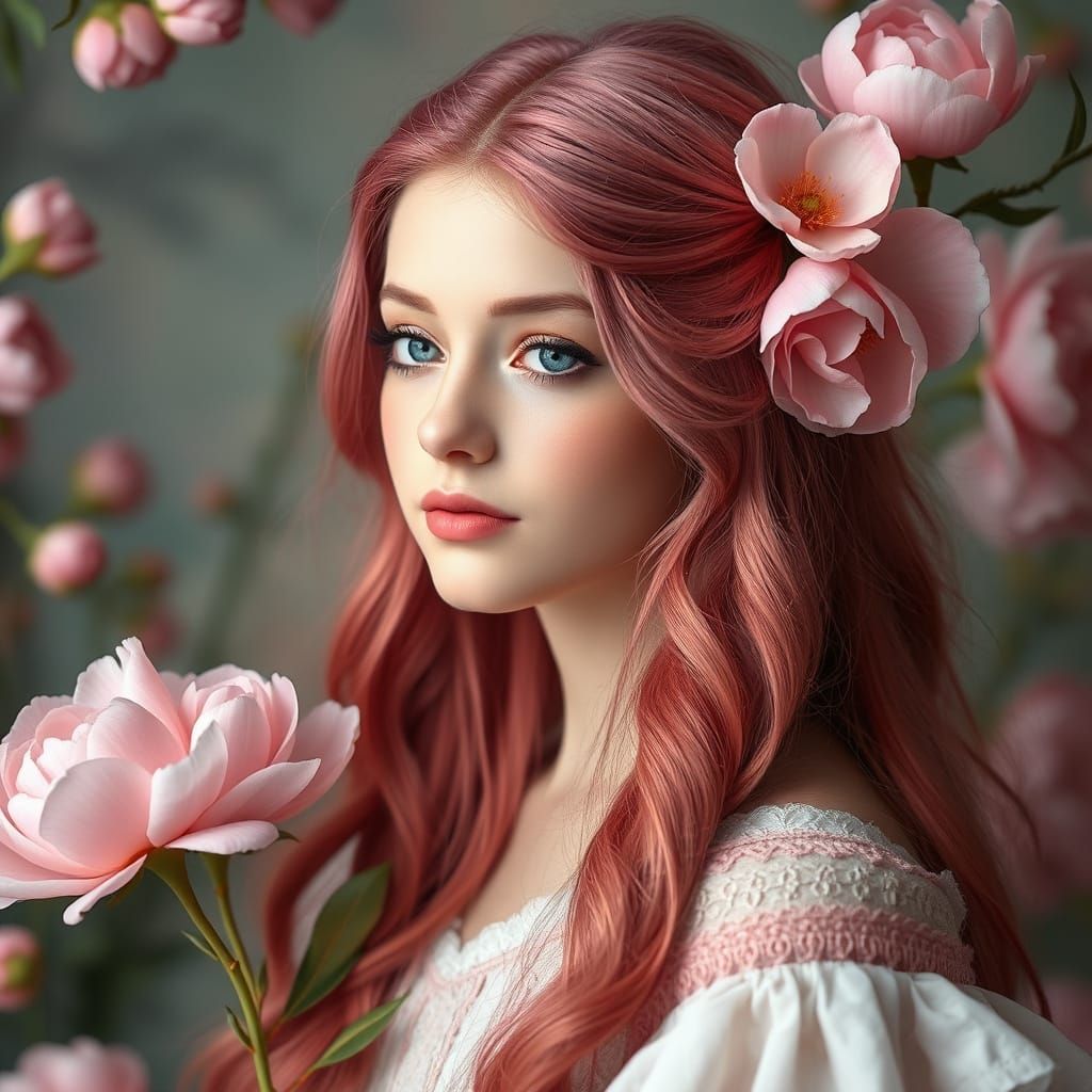 Dreamy Girl with Pink Hair and Peonies