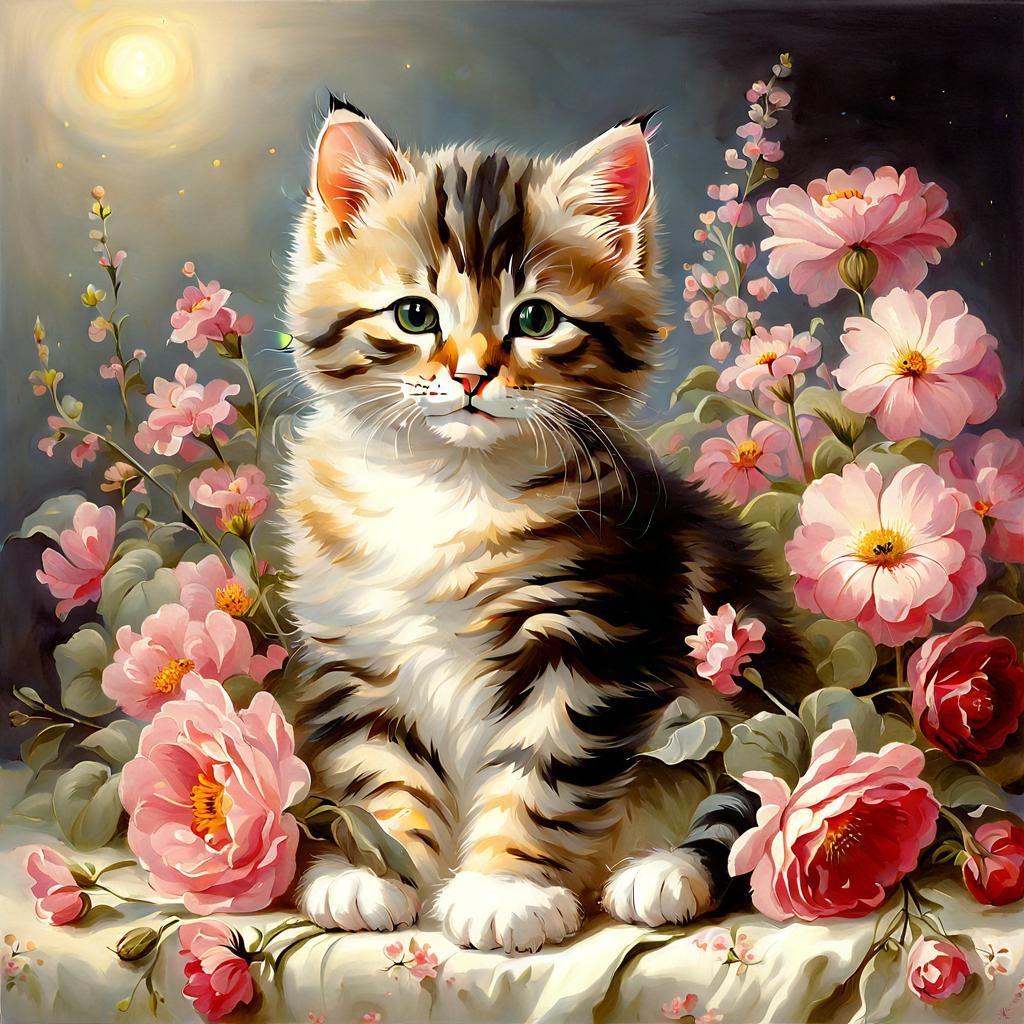 Cute Cat with Flowers in Orientalist Style