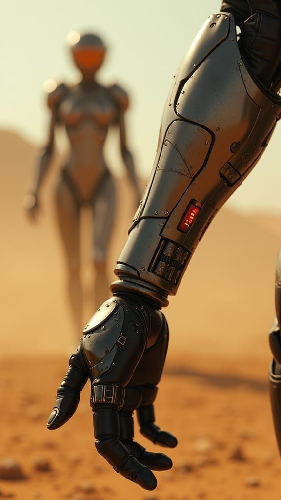 Cyberpunk Female Pilot's Mechanical Arm in Desert Landscape