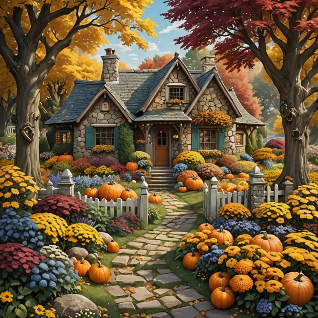Charming Cottage Surrounded by Autumn Garden