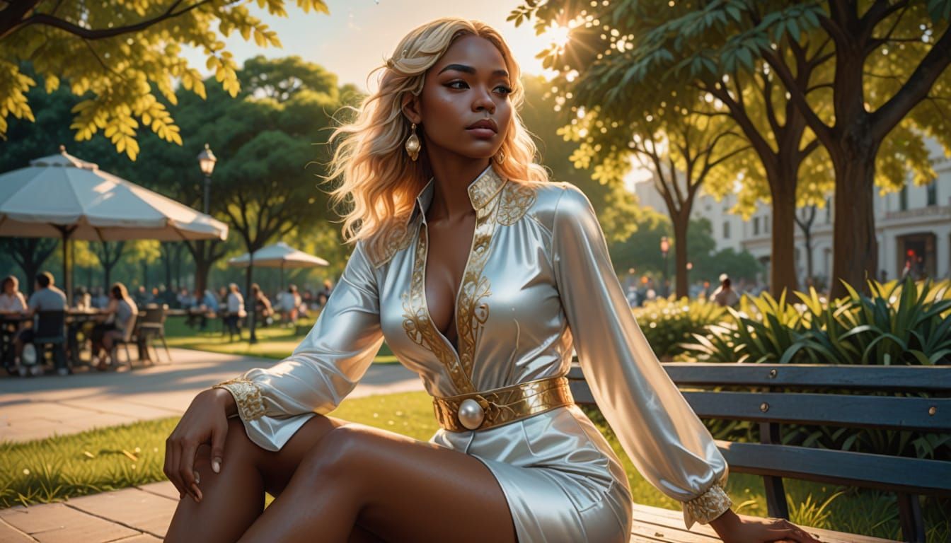 Dominican Woman in Park, Dazzling Blouse, Golden Hour