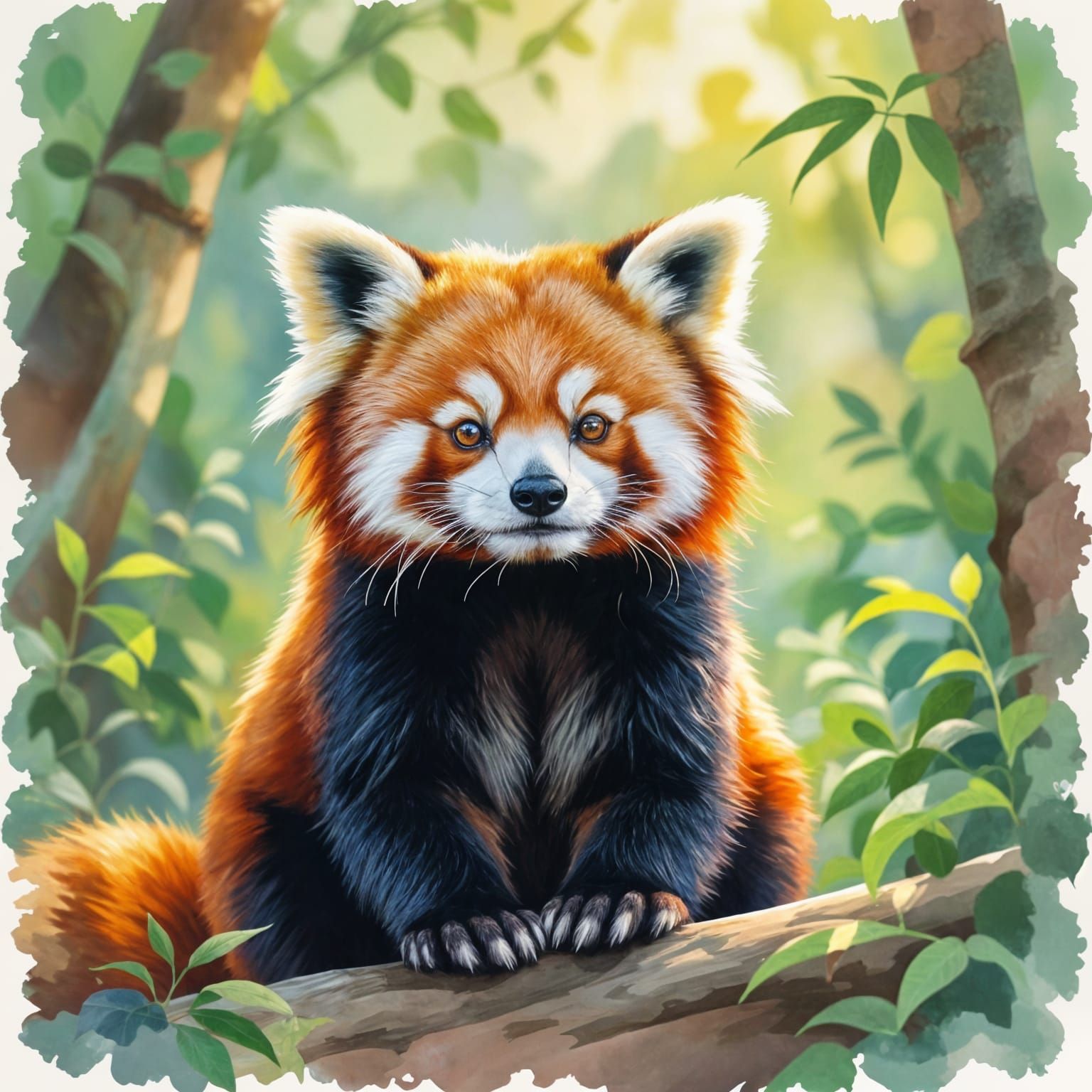 Red Panda in Sunny Jungle, Watercolor Art