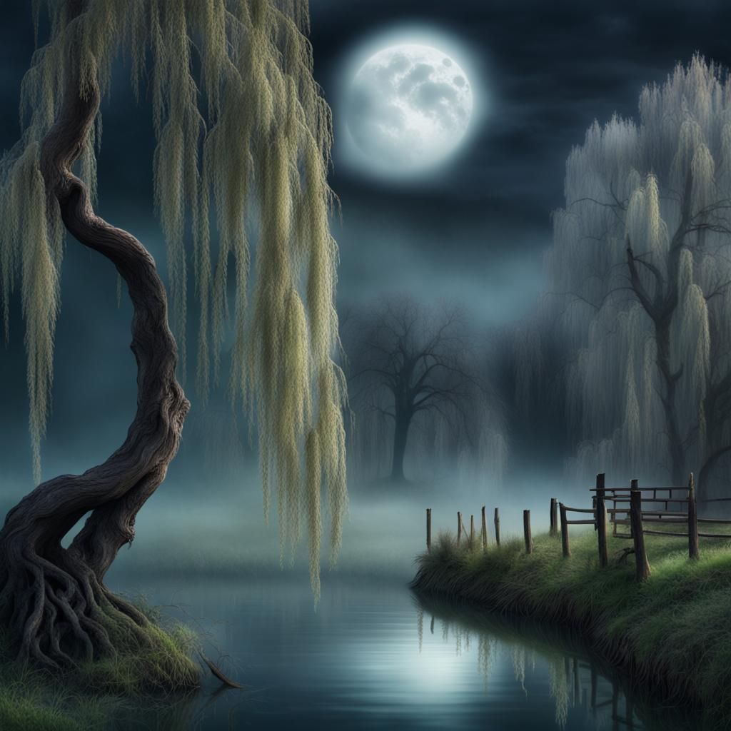 Majestic Willow Tree in Misty Landscape