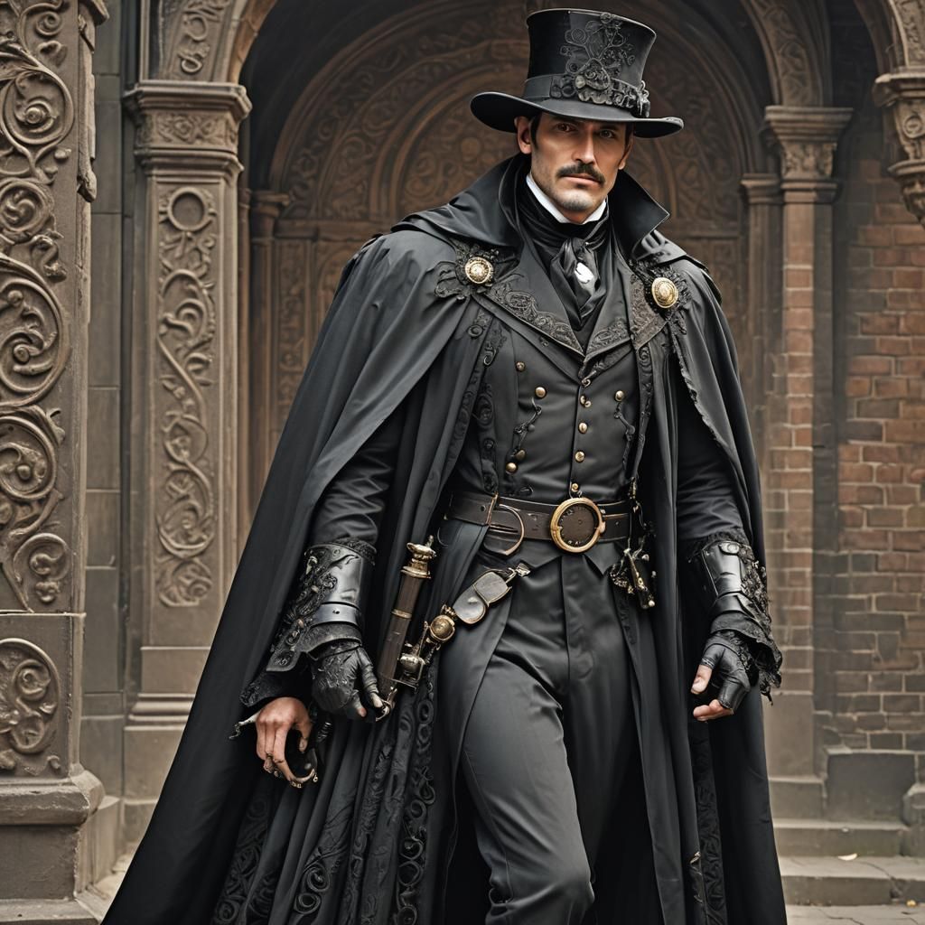 Gothic Steampunk Detective with Cannon and Sword