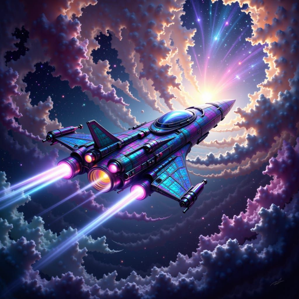 Iridescent Spaceship Soaring Through Cosmic Dreamscape Nebul...