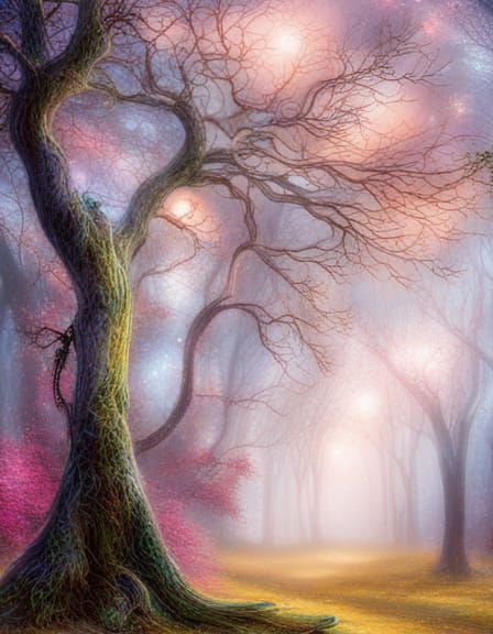 Mystical Tree in Iridescent Forest: Ethereal Fantasy