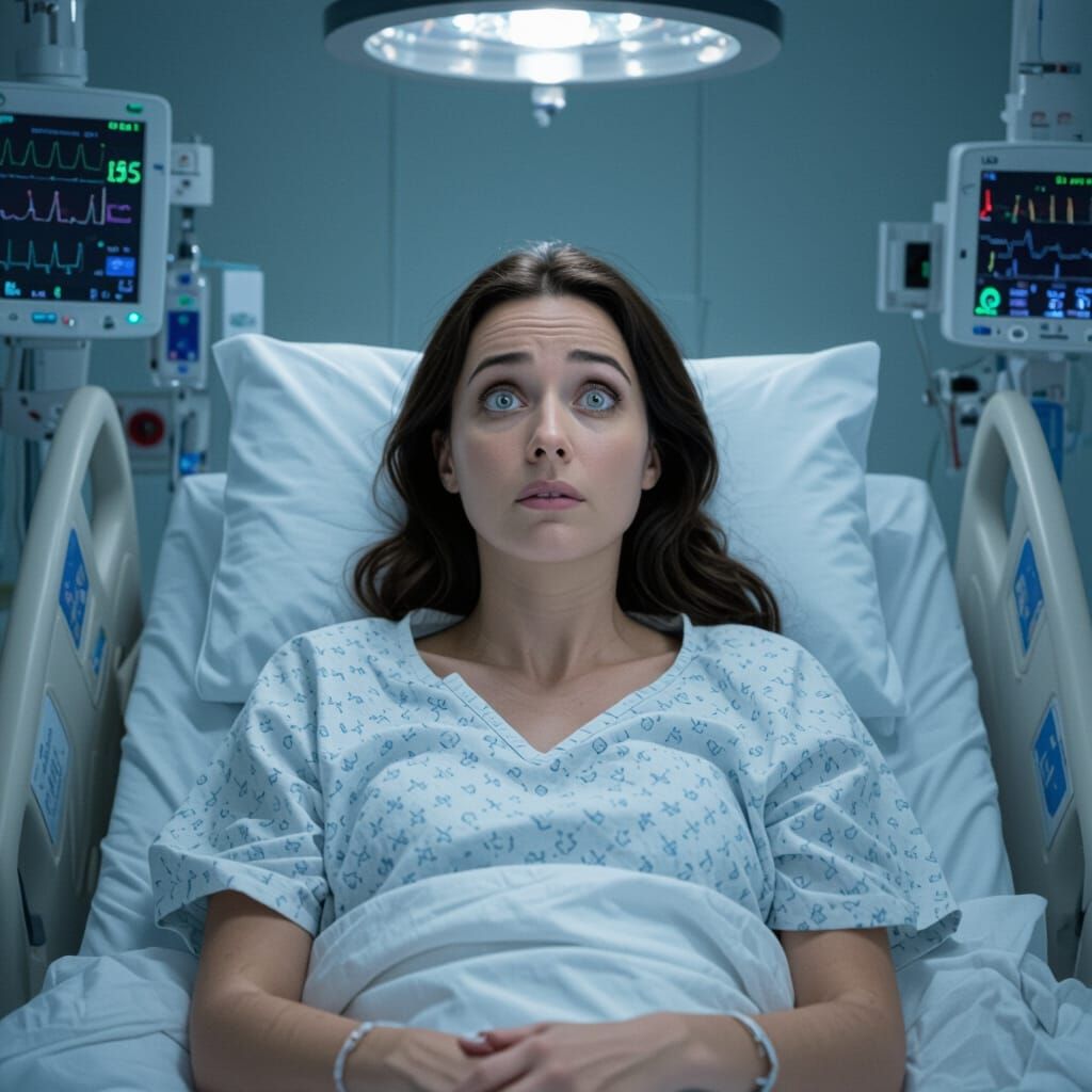Terrified Woman in Dark ICU Inspired by Surreal Horror