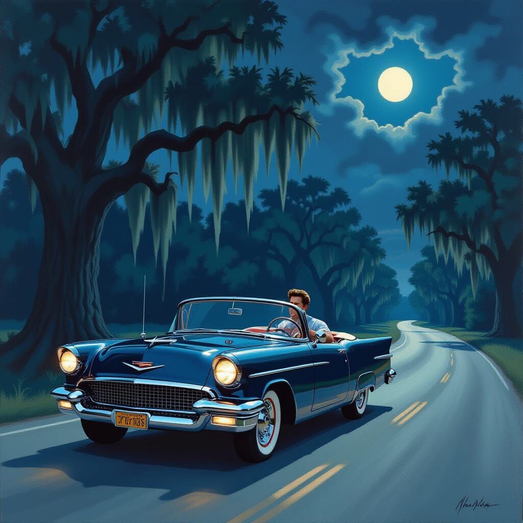 Vintage Oldsmobile on Desolate Road in American Painting Sty...