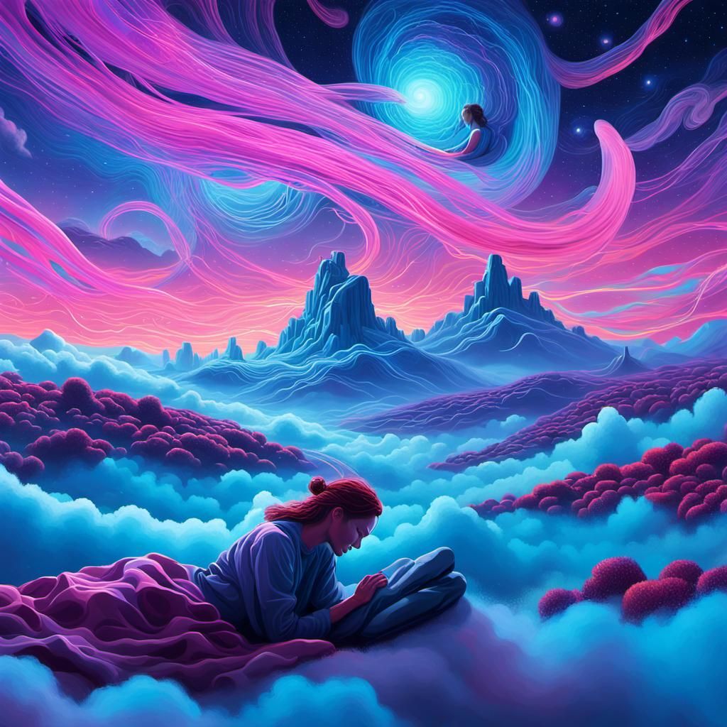 Surreal Dreamscape: Sleeping Figure in Iridescent Landscape