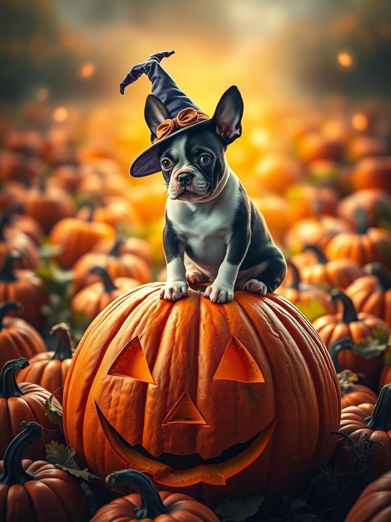Whimsical Boston Terrier Puppy in Pumpkin Patch