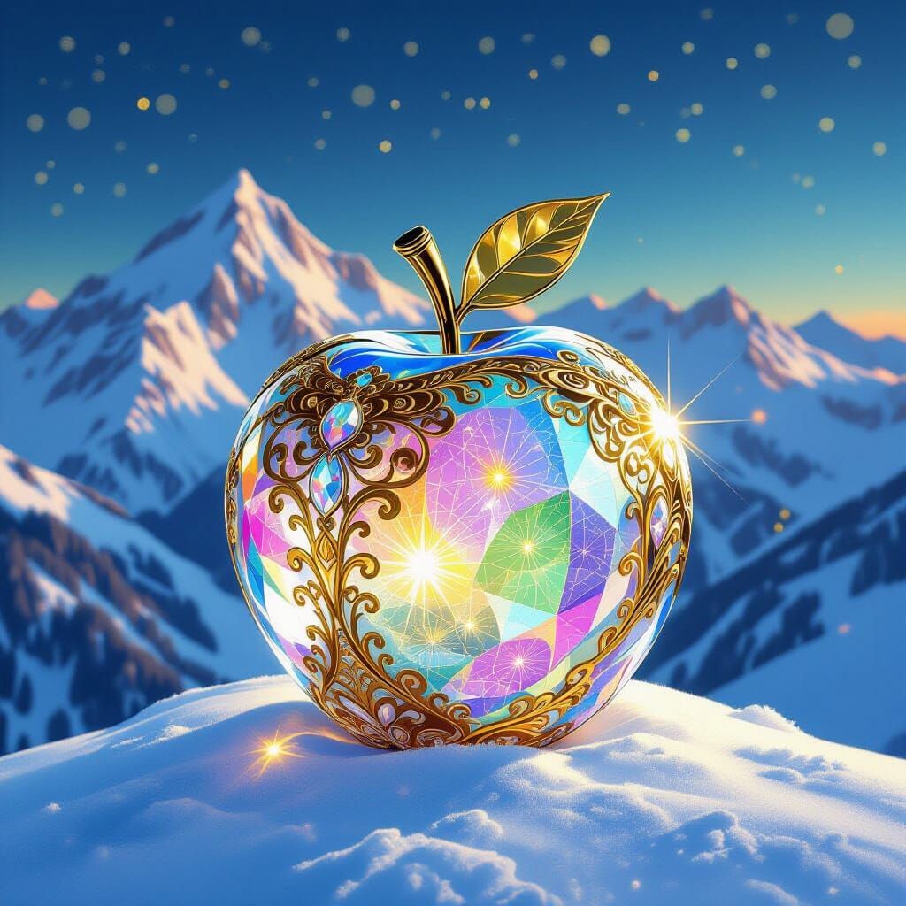Crystal Apple on Snowy Peak in Klimt Style