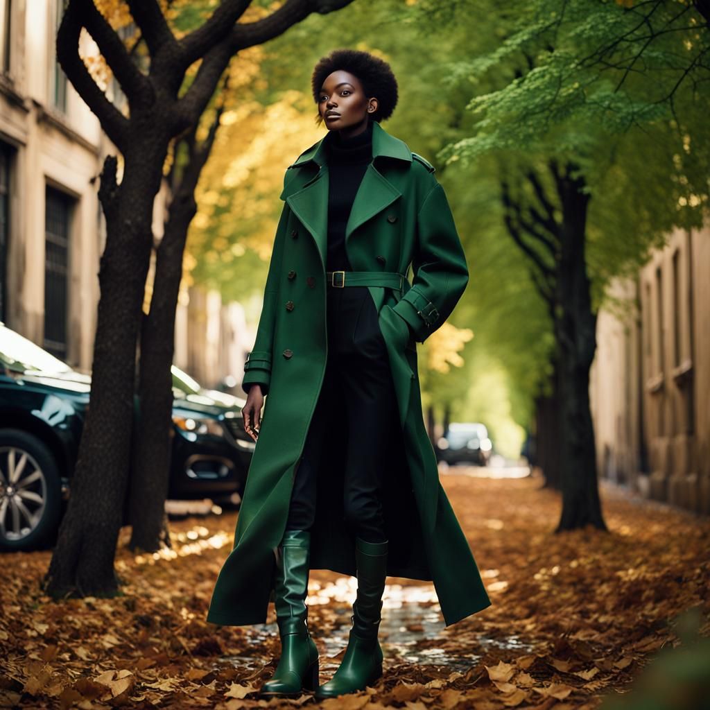 Black Model in Green Boots: Autumn Fashion Photography